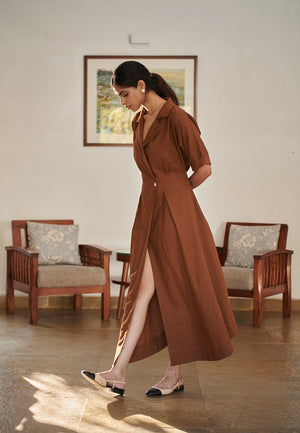 Mocha Co-Linen Wrap Dress