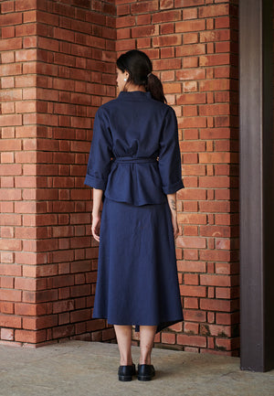 Navy Co-Linen Asymmetrical Skirt Set