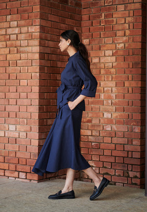 Navy Co-Linen Asymmetrical Skirt Set