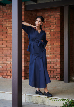 Navy Co-Linen Asymmetrical Skirt Set