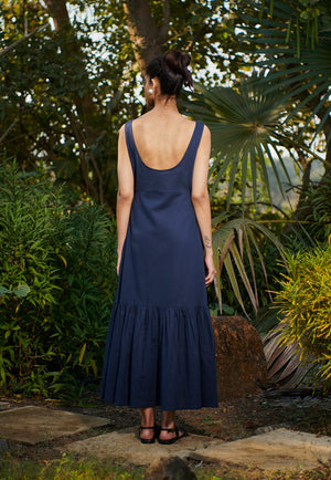 Navy Co-Linen Sleeveless Tiered Dress