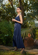 Navy Co-Linen Sleeveless Tiered Dress On Sale