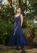 Navy Co-Linen Sleeveless Tiered Dress On Sale