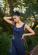 Navy Co-Linen Sleeveless Tiered Dress On Sale