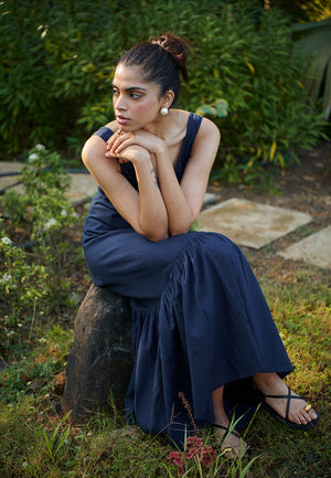 Navy Co-Linen Sleeveless Tiered Dress