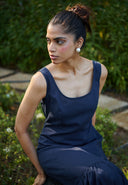 Navy Co-Linen Sleeveless Tiered Dress On Sale