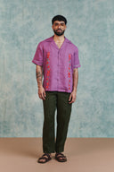 Berry Linen Embroidered Men's Camp Collar Shirt