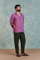 Berry Linen Embroidered Men's Camp Collar Shirt