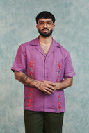 Berry Linen Embroidered Men's Camp Collar Shirt