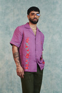 Berry Linen Embroidered Men's Camp Collar Shirt