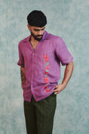 Berry Linen Embroidered Men's Camp Collar Shirt