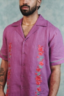 Berry Linen Embroidered Men's Camp Collar Shirt - Sale