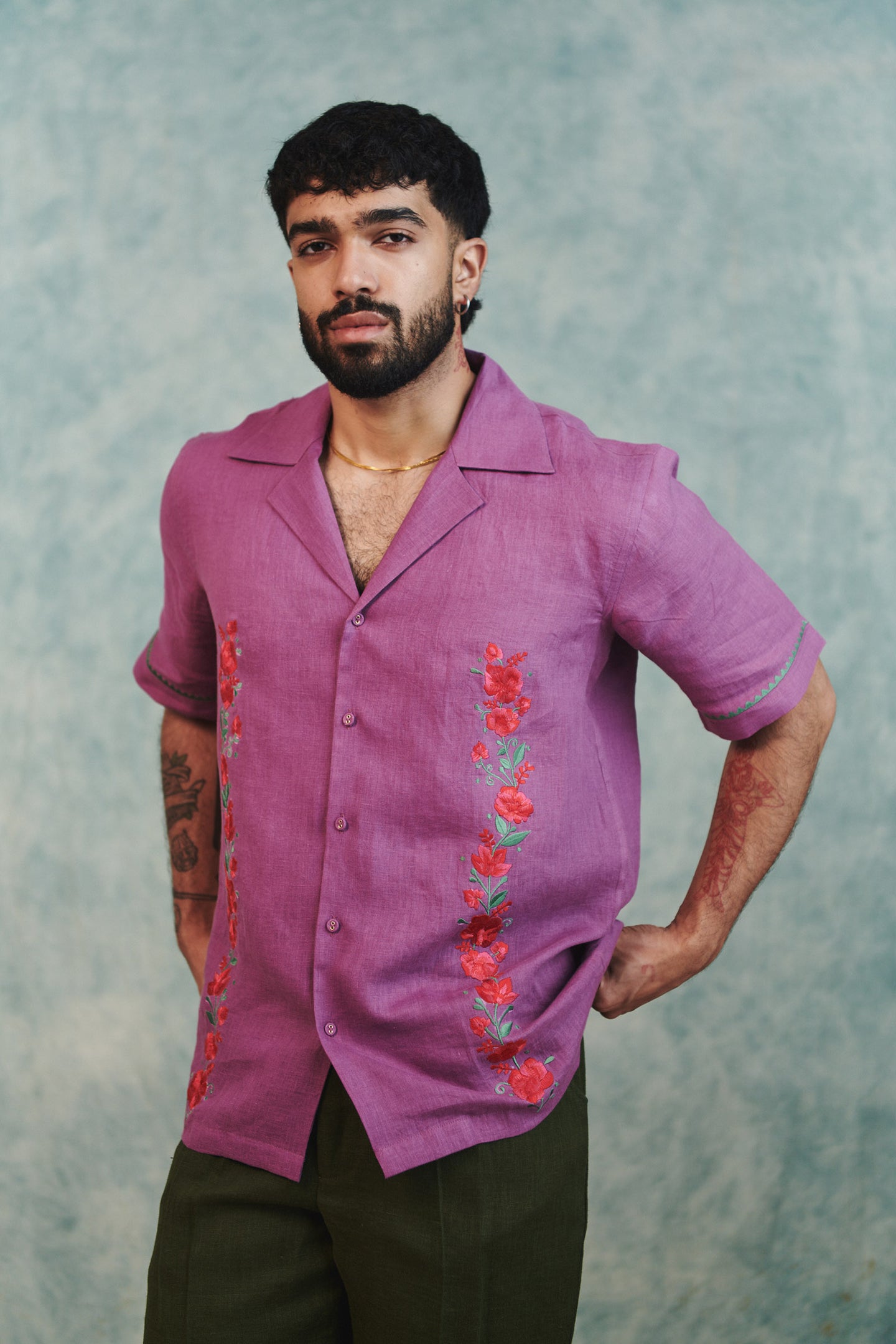 Berry Linen Embroidered Men's Camp Collar Shirt