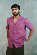 Berry Linen Embroidered Men's Camp Collar Shirt - Sale