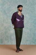 Plum Linen Unisex Embroidered Open Jacket