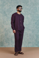 Plum Linen Men's Round Neck Shirt Set