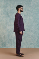 Plum Linen Men's Round Neck Shirt Set