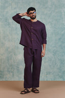 Plum Linen Men's Round Neck Shirt Set