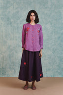 Berry Linen Embroidered Shirt and Plum Linen Flared Skirt Set