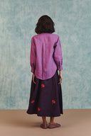 Berry Linen Embroidered Shirt and Plum Linen Flared Skirt Set
