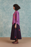 Berry Linen Embroidered Shirt and Plum Linen Flared Skirt Set