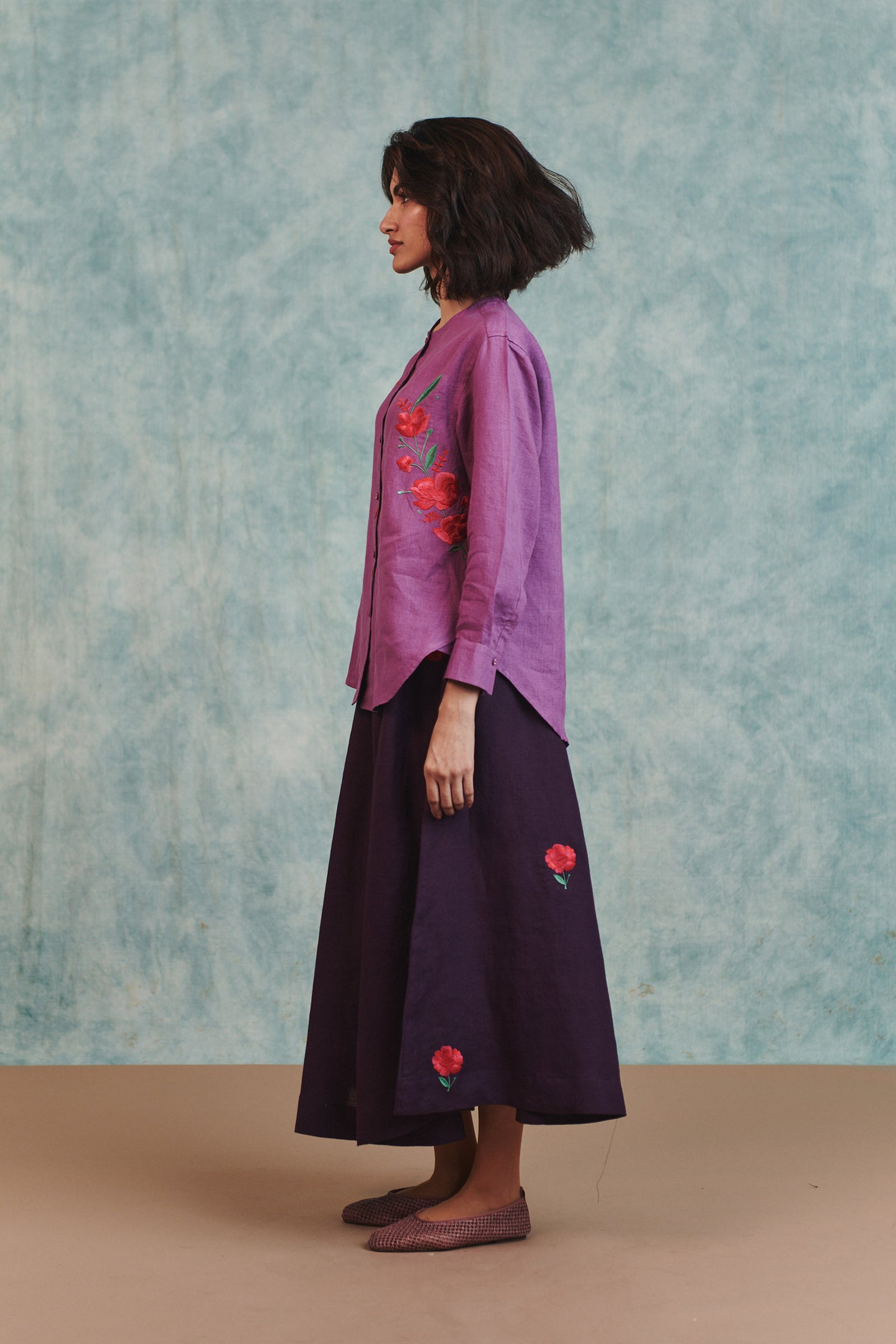 Berry Linen Embroidered Shirt and Plum Linen Flared Skirt Set thumbnail 2