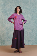 Plum Linen Embroidered Flared Skirt