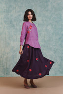 Berry Linen Embroidered Shirt and Plum Linen Flared Skirt Set