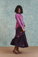 Berry Linen Embroidered Shirt and Plum Linen Flared Skirt Set