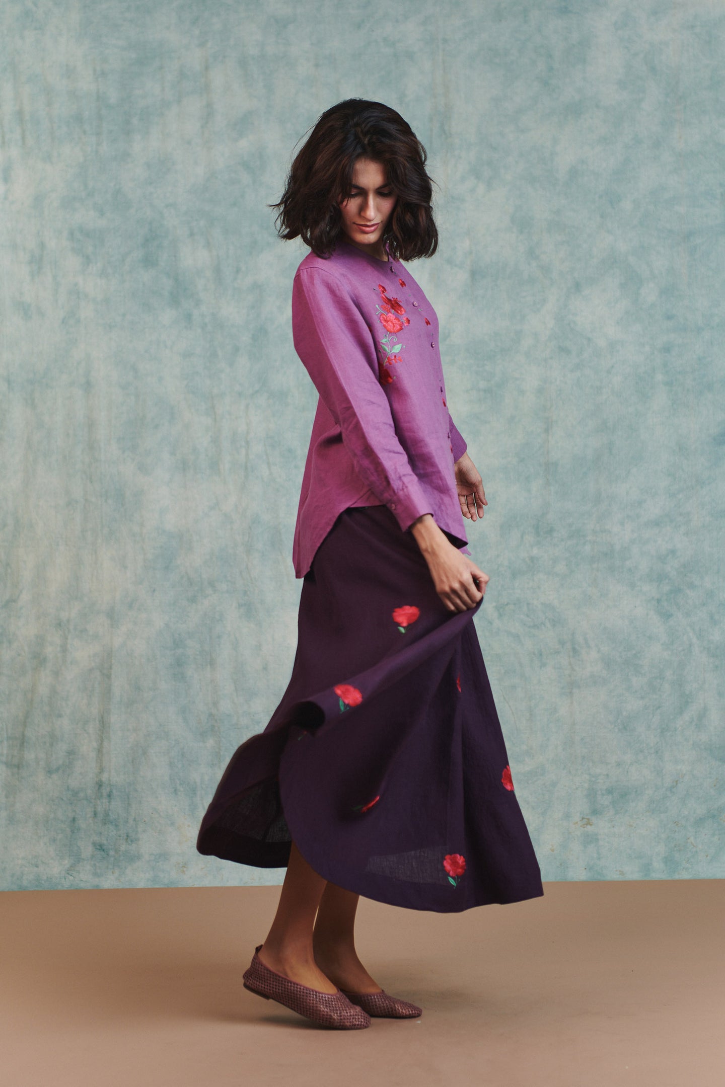 Berry Linen Embroidered Shirt and Plum Linen Flared Skirt Set thumbnail 4