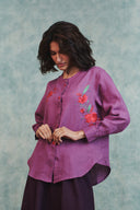Berry Linen Embroidered Shirt and Plum Linen Flared Skirt Set