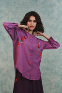 Berry Linen Embroidered Round Hem Shirt - Sale