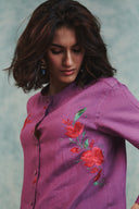 Berry Linen Embroidered Shirt and Plum Linen Flared Skirt Set