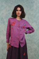 Berry Linen Embroidered Shirt and Plum Linen Flared Skirt Set