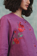Berry Linen Embroidered Shirt and Plum Linen Flared Skirt Set