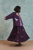 Plum Linen Embroidered Flared Skirt