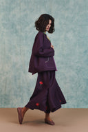 Plum Linen Embroidered Flared Skirt