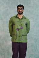 Moss Linen Embroidered Men's Overshirt