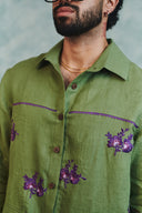 Moss Linen Embroidered Men's Overshirt