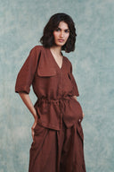 Chocolate Linen Drawstring Shirt & Pleated Tuck Pants Set