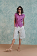 Berry Linen Sleeveless Double Placket Top - Sale