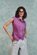 Berry Linen Sleeveless Double Placket Top - Sale