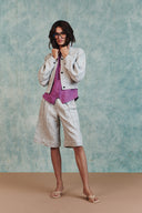 Ash Linen Embroidered Cropped Bomber Jacket