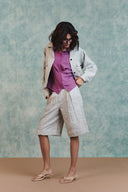 Ash Linen Embroidered Cropped Bomber Jacket Set