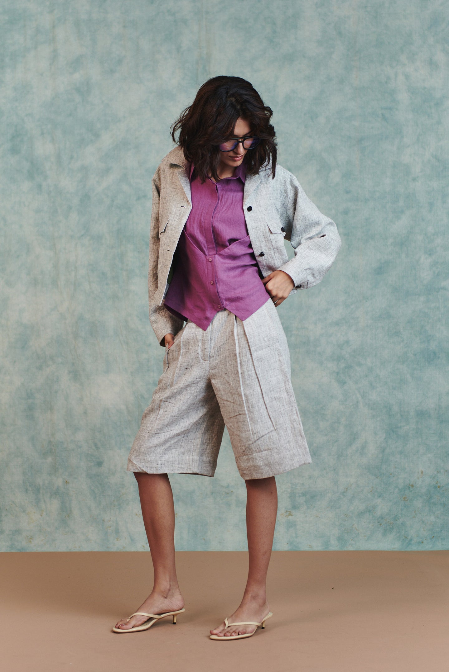 Ash Linen Embroidered Cropped Bomber Jacket Set thumbnail 3