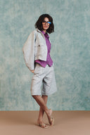 Ash Linen Embroidered Cropped Bomber Jacket Set