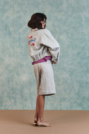 Ash Linen Embroidered Cropped Bomber Jacket Set