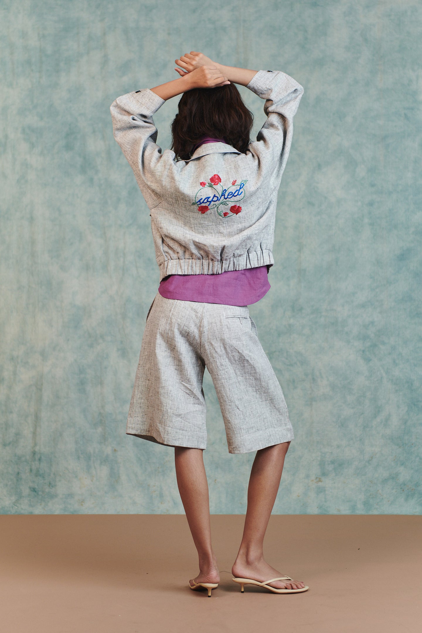 Ash Linen Embroidered Cropped Bomber Jacket Set thumbnail 4