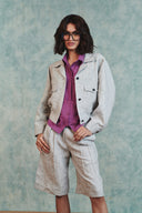 Ash Linen Embroidered Cropped Bomber Jacket Set