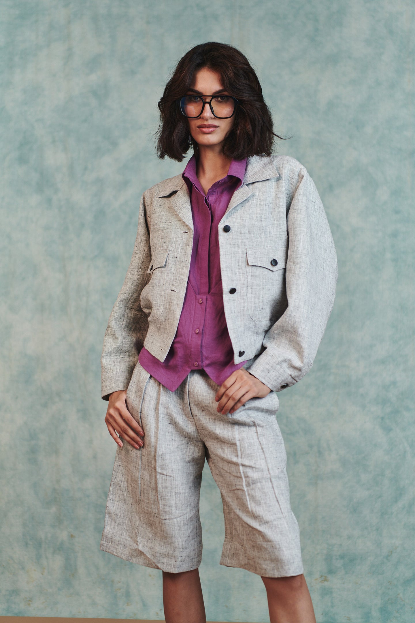 Ash Linen Embroidered Cropped Bomber Jacket Set thumbnail 5